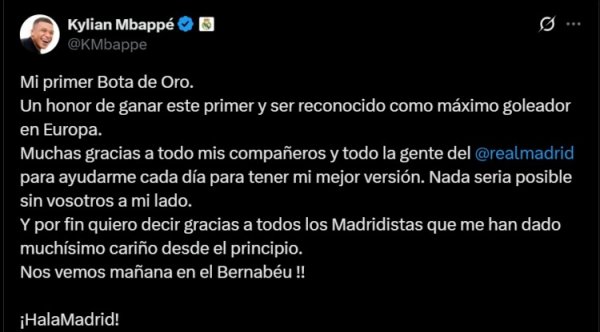 Giành Chiếc giày vàng châu Âu! Mạng xã hội của Mbappé: Cảm ơn các đồng đội, mọi người ở Real Madrid 